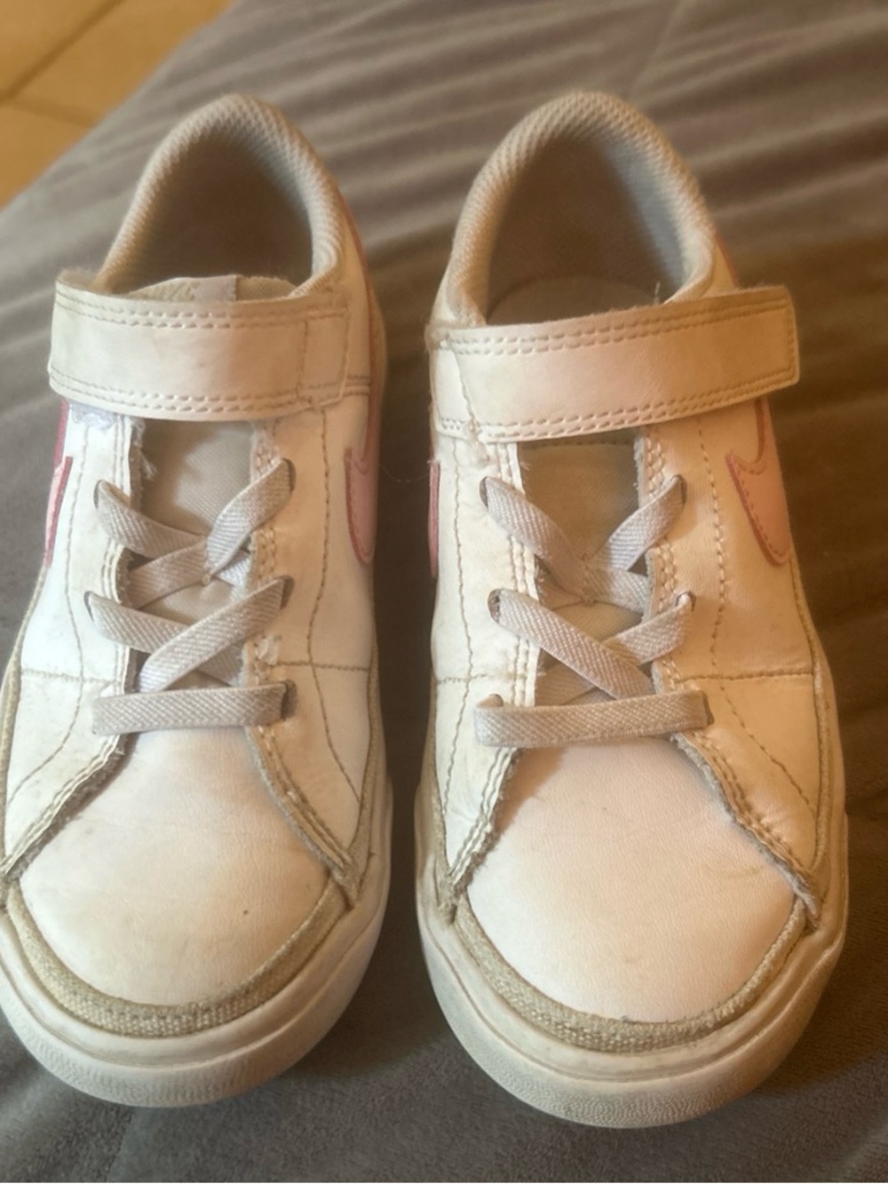 Nike Kids White Sneakers with Pink Swoosh and Velcro